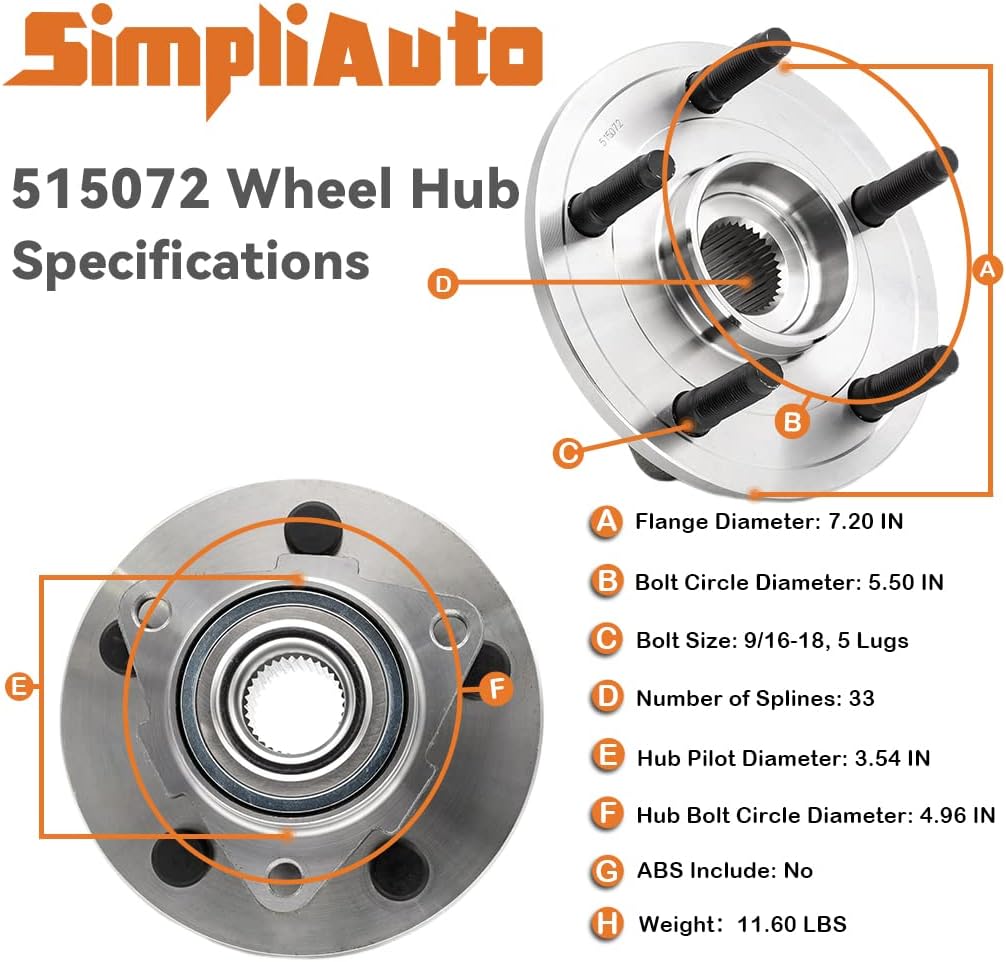 515072 Front Wheel Hub and Bearing Assembly Compatible with 2002-2008 Dodge Ram 1500, 5 Lugs Non-ABS