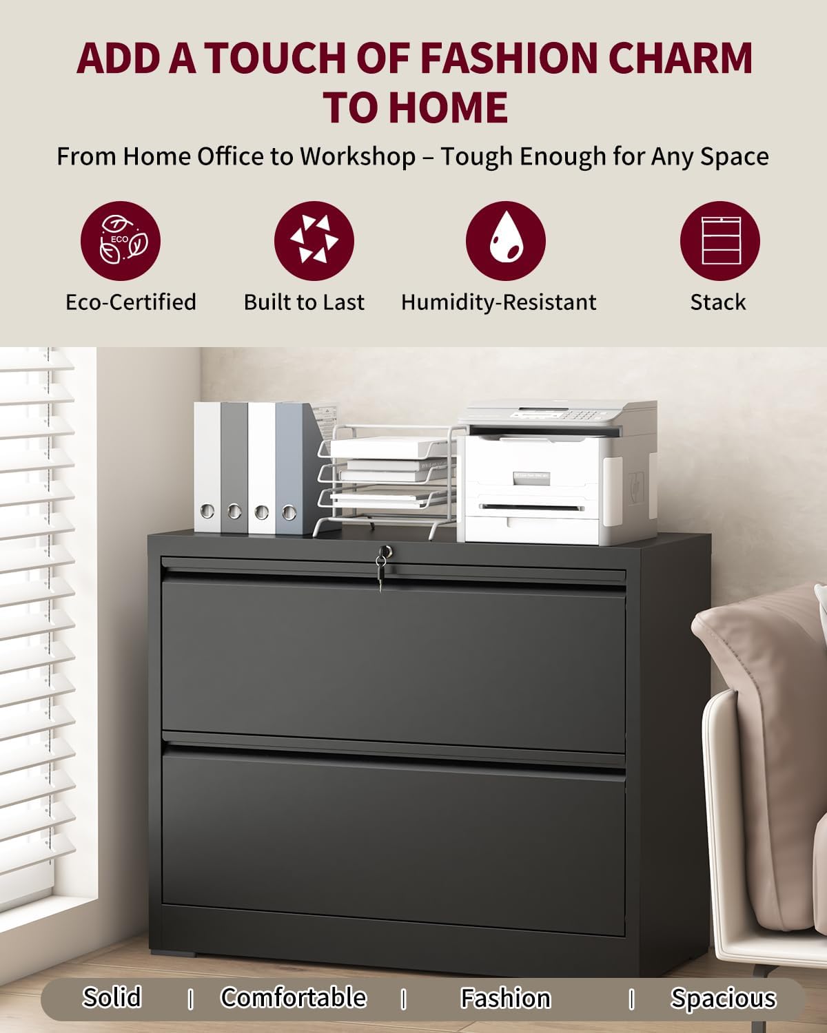 2 Drawer Lateral File Cabinet with Lock, Metal File Cabinets for Home Office, Large Filing Storage Cabinet Printer Stand, Steel Wide File Cabinet for Legal/A4/F4/Letter Size Files(Black)