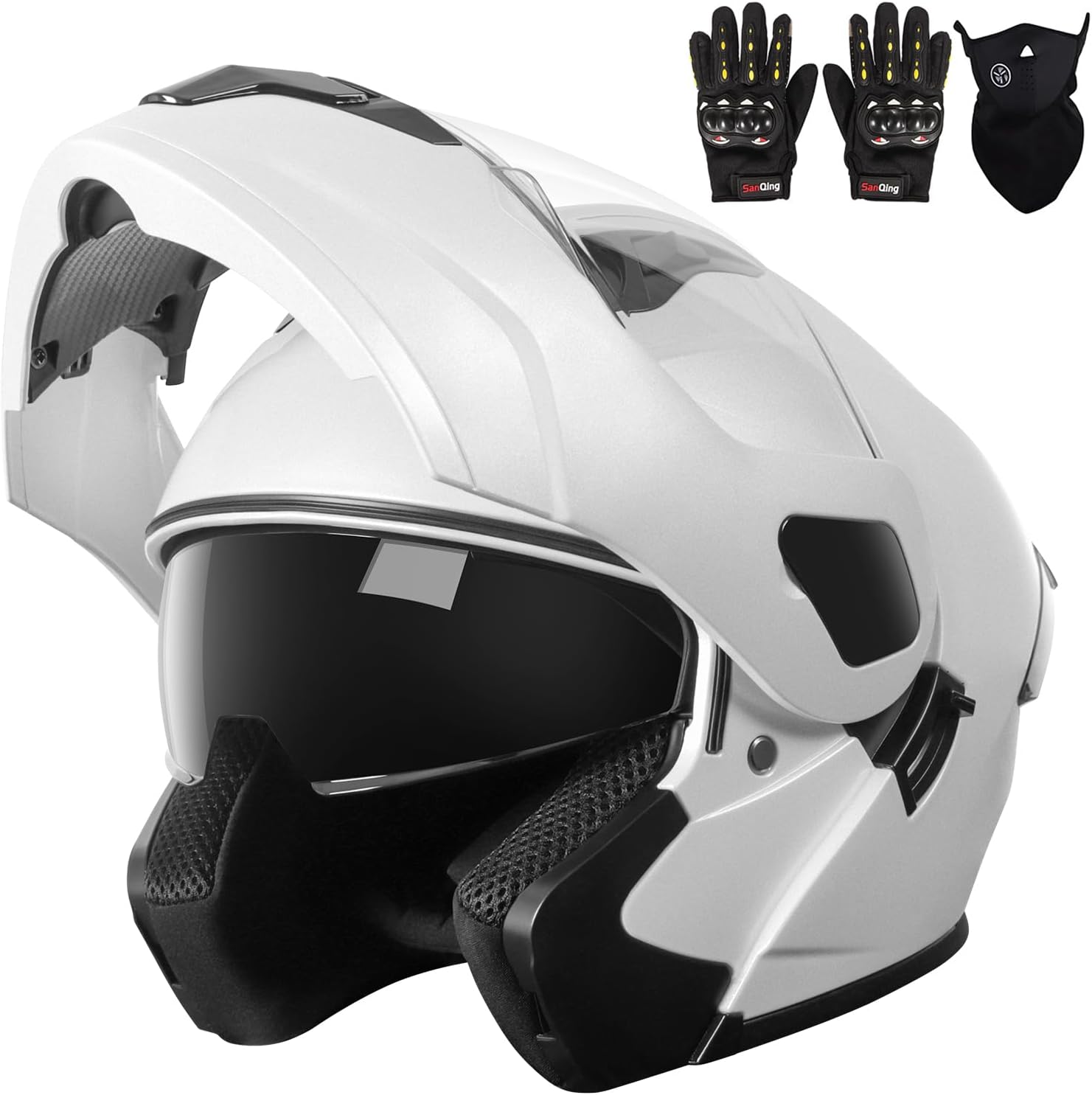 Adult Modular Motorcycle Helmets, DOT Approved Flip up Dual Visor Full Face Helmet for Men Women Moto ATV UTV Snowmobile ADV Four Wheeler Street Bike with Gloves & Mask Large White