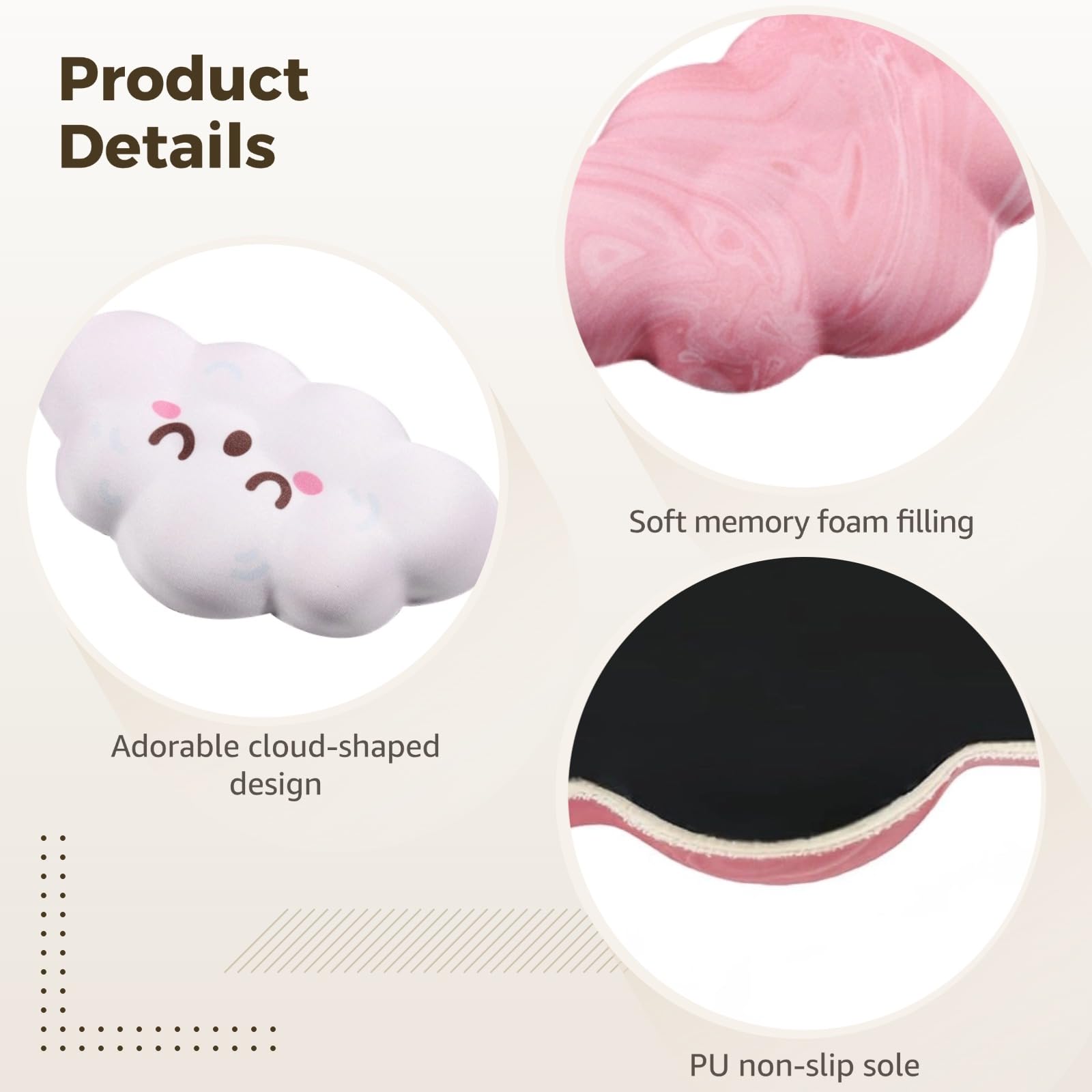 4-teiliges Wolken-Handgelenkauflagen-Set, ergonomische Tastatur-Maus-Handgelenkstütze aus Memory-Schaum, niedliche rosa weiße geformte Polster, rutschfeste Armlehne für Büro-Gaming-Laptop