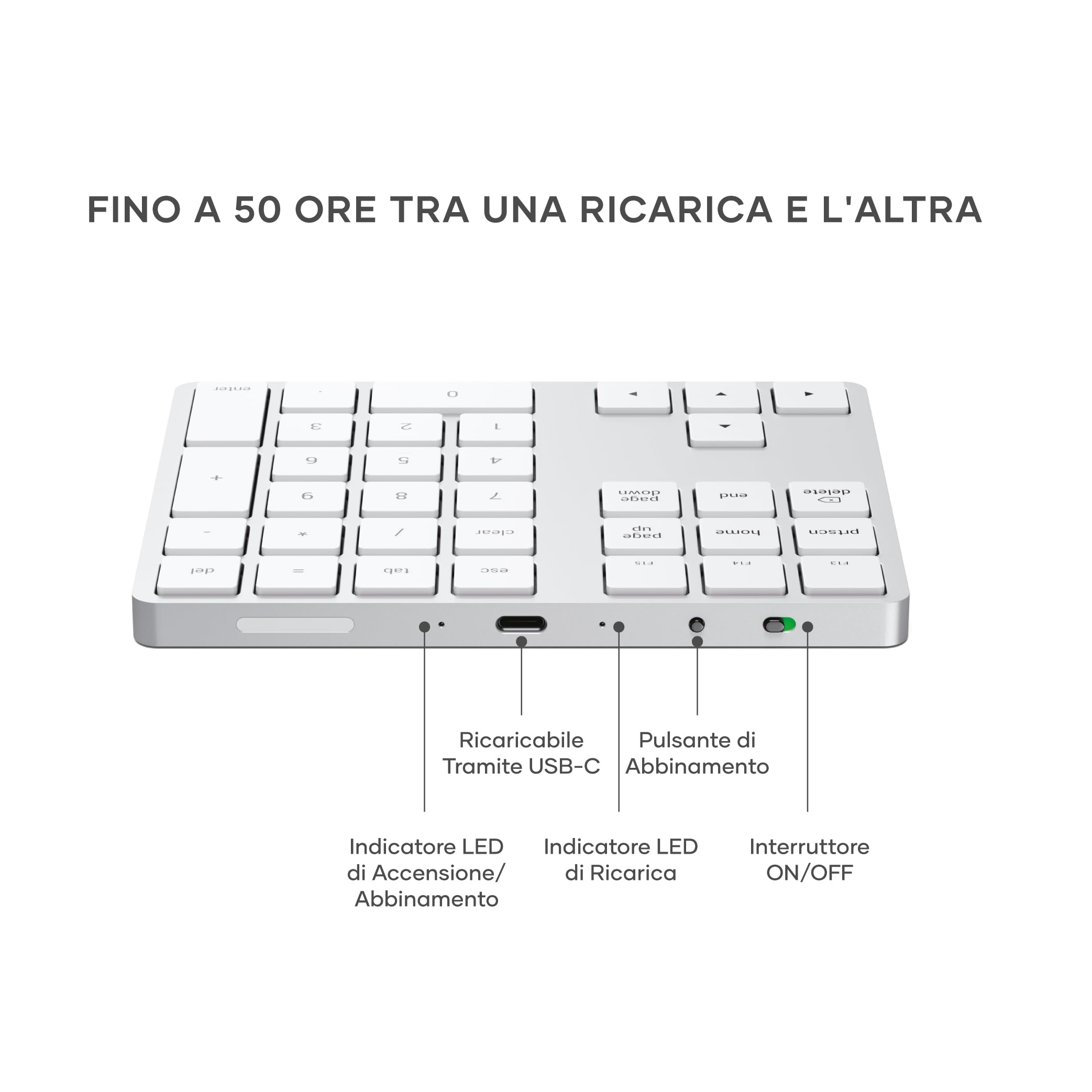 Satechi Tastierino Numerico Wireless Slim, 34 Tasti, Argento | Layout US, Bluetooth, in alluminio, ricarica USB-C, per MacBook, PC Windows e iPad