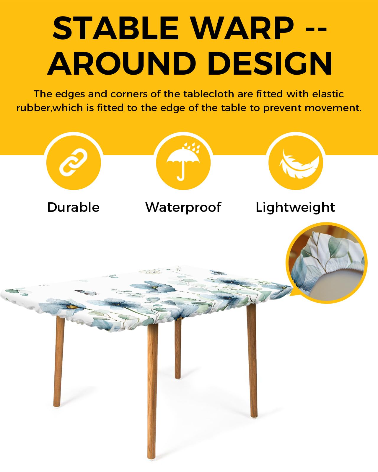 Teal Tulip Fitted Table Covers for 5 Foot Tables, Pastoral Eucalyptus Leaves Botanical Summer Butterfly Elastic Table Cover Rectangle 30