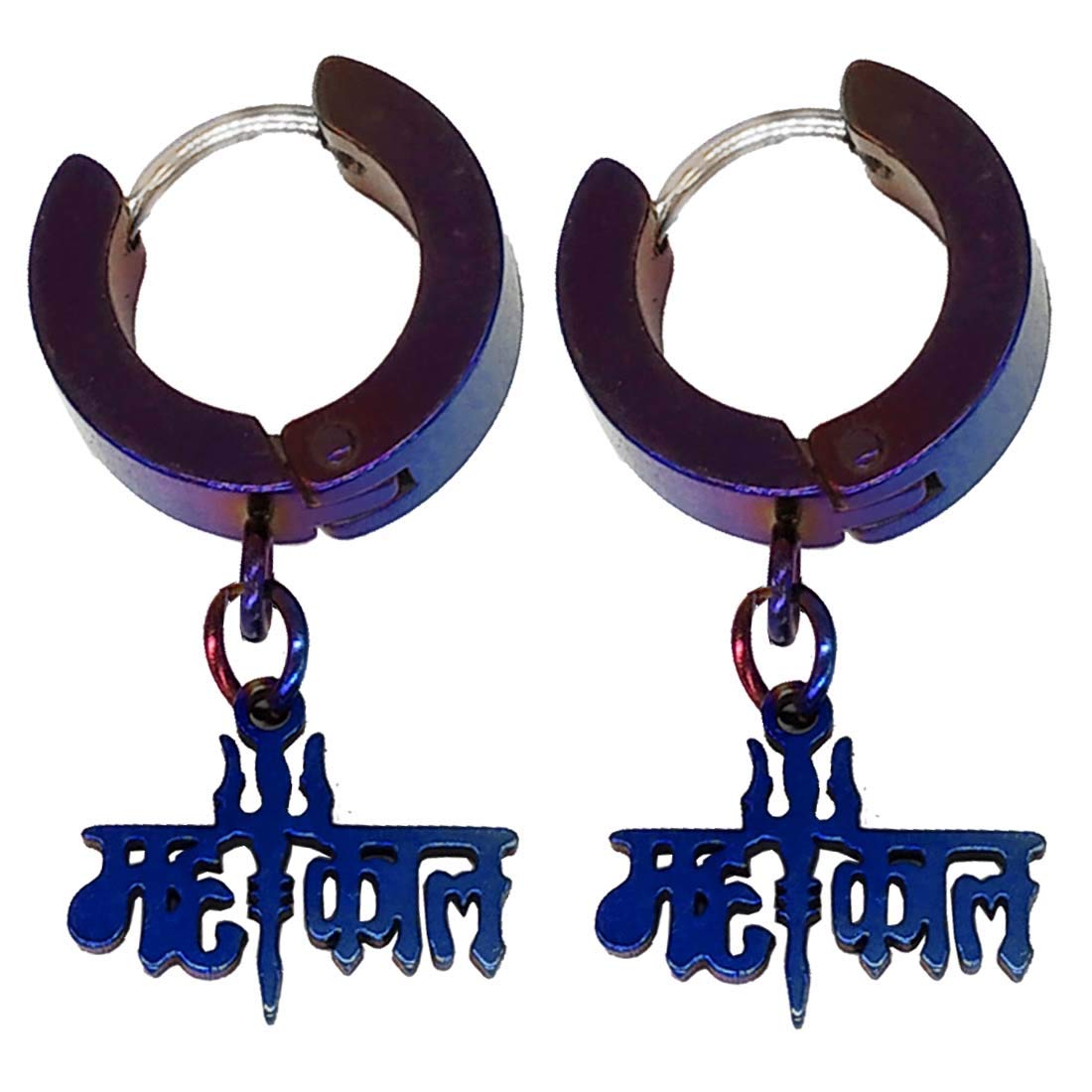 sullery Trishul Mahakal Charm Drop Huggie Blue Stainless Steel Hoop Earring-picture-10