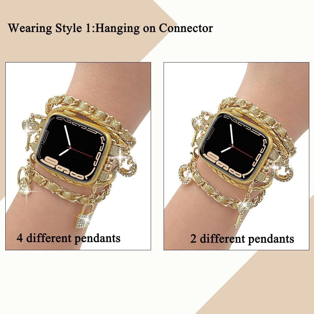 Boho Leather Band Compatible with Apple Watch 46 49 45 44 42 41 40 38mm Women,Stylish Bracelet with Detachable Pendants Unique Charms Strap for iWatch Series 11 10 9 8 7 6 5 4 SE/Ultra 3 2 1 - Image 4