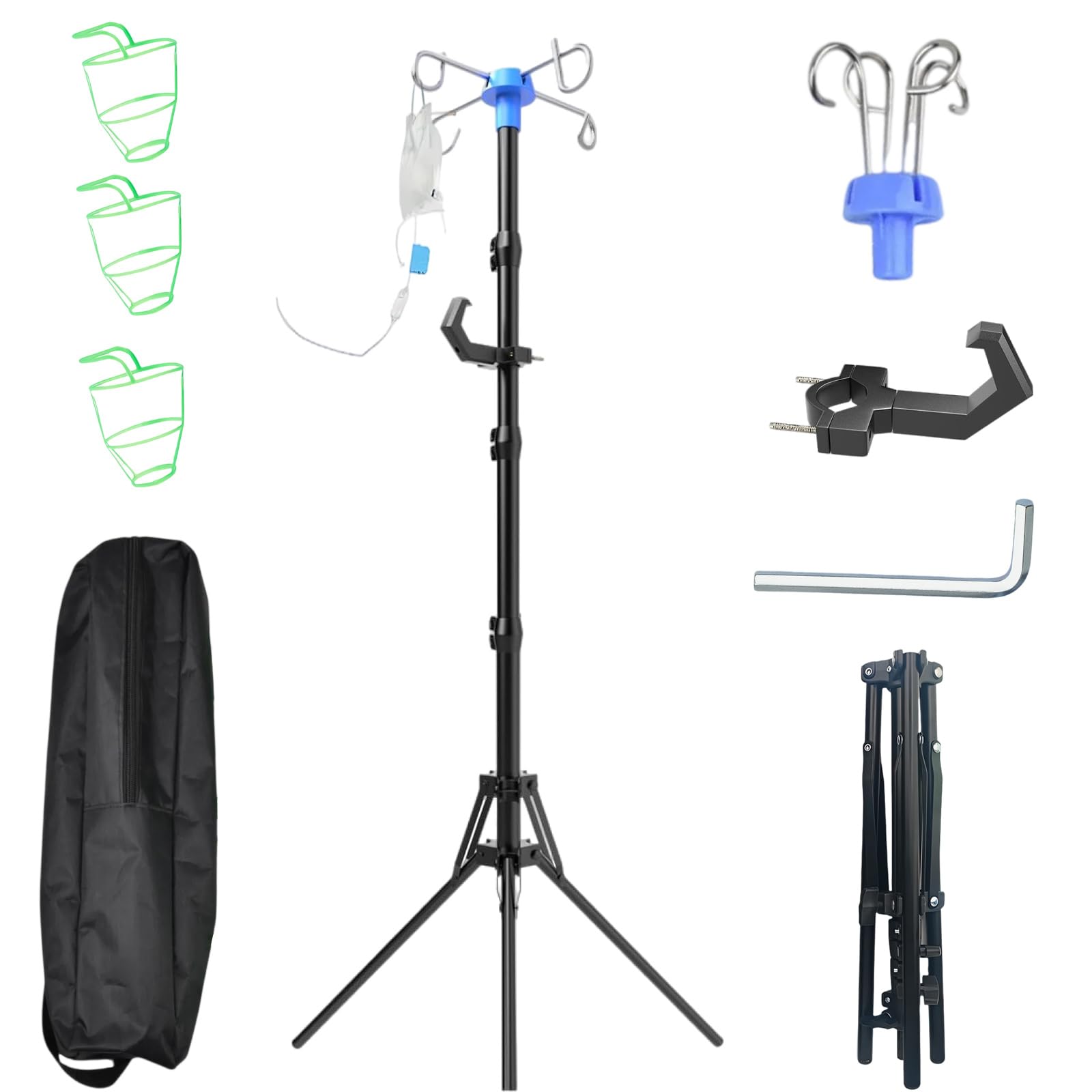 Verstellbarer Infusionsständer mit Haken und Erinnerung, Höhenverstellbar | 90cm-190cmFaltbare IV-Stange, Tragbarer Infusionsständer mit 4 Haken und 3 Netzbeuteln für Krankenhaus & Häusliche Pflege