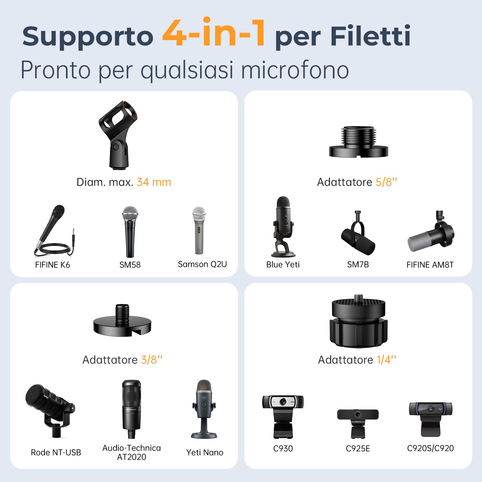 Supporto Microfono da Tavolo, Braccio Regolabile con Adattatori 1/4"-3/8"-5/8" per Blue Yeti, Fifine, HyperX, Webcam e Fotocamere - Ideale per Registrazione, Podcast e Streaming
