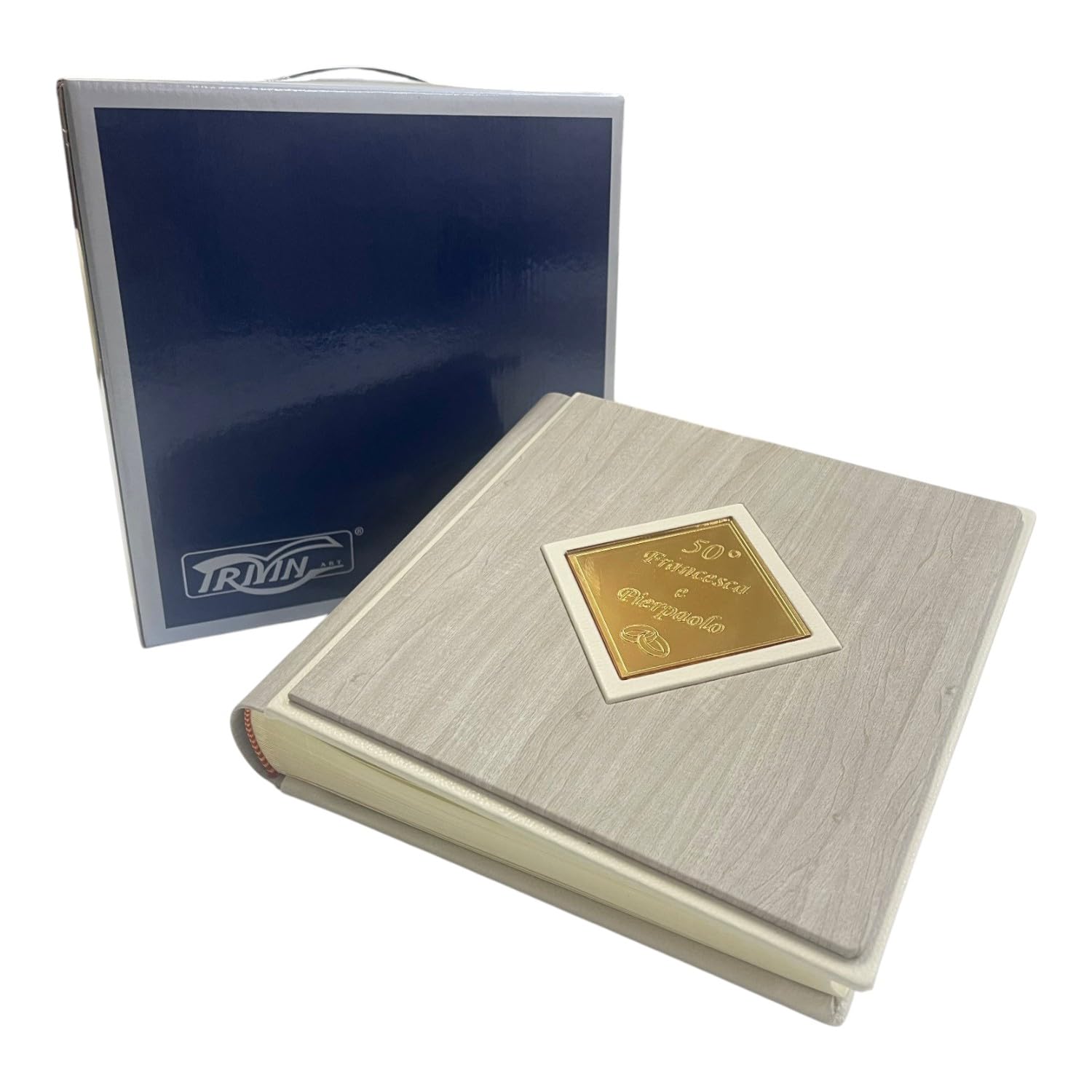 Album Fotografico Artigianale -Zenith Onda- in ecopelle effetto legno con profili a contrasto, Rombo centrale a specchio Personalizzabile, Matrimonio,Anniversario,Comunione,Eventi (Ghiaccio)