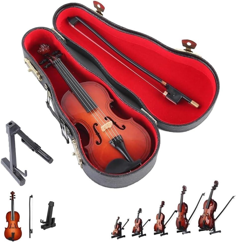 Wooden Miniature Violin with Stand, Bow & Case - Mini Musical Instrument Dollhouse Model Home Decoration Collectible Figurines Display Ornament Small Joke Gift(Size:14cm)