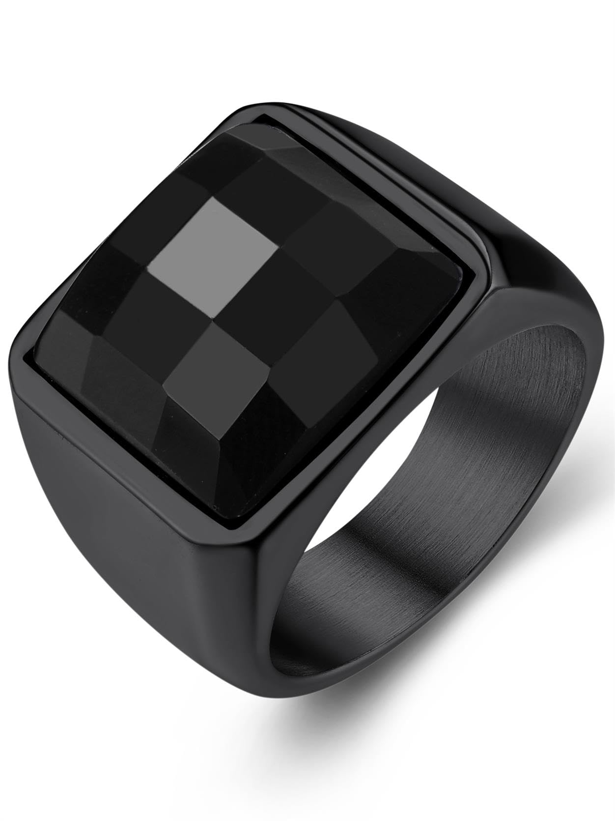 Square Gemstone Signet Rings for Men, Personalized Stainless Steel Pinky Ring with Black Onxy Blue Topaz Birthstone Statement Ring, 5 UK, Stainless Steel Onxy, Crystal-image-20