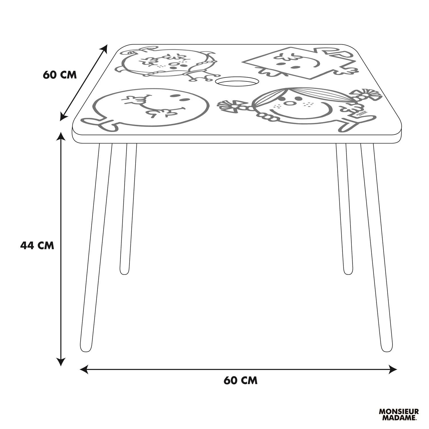 MONSIEUR MADAME - MM3369 Table Enfants avec Pot à Crayon Intégré - MDF et Pin - Dimensions 60 x 60 x 44 cm - Design Multicolore - pour Chambre ou Salon