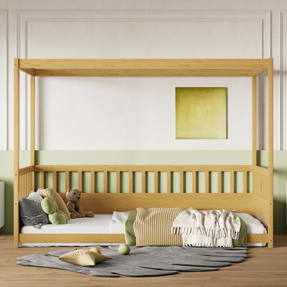 Saiveina Twin Size Canopy Bed Frame with Guardrails for Kids,Floor Bed Twin with Four Poster Design,Kids Montessori Floor Bed,Wood Canopy Bed Frame for Girls,Boys(Twin,Natural)