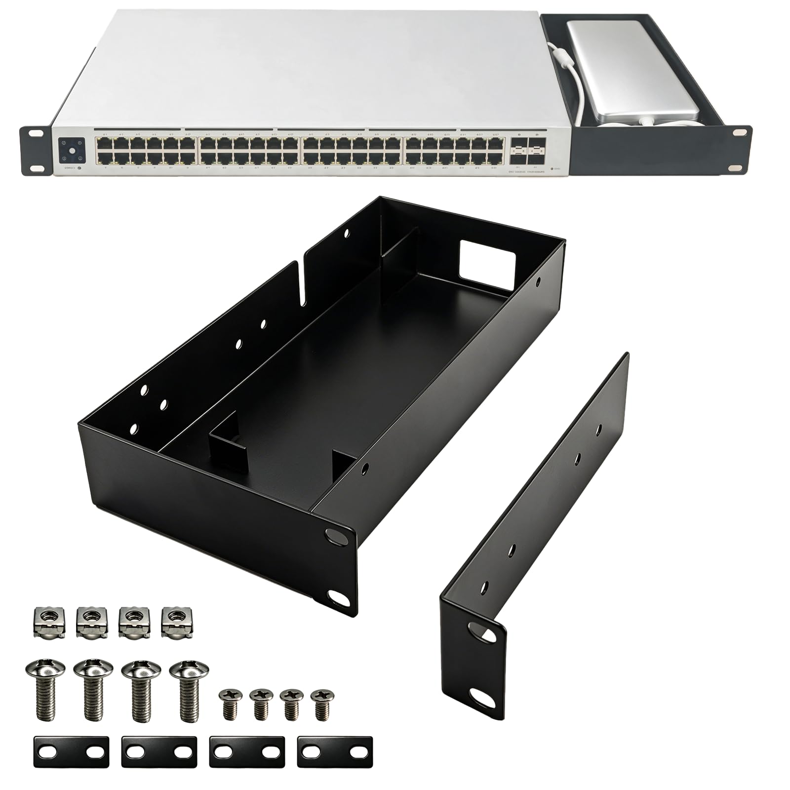 Supporto rack in metallo 1U da 19 pollici per UniFi Switch Pro Max 16 PoE, scaffale rack per server in acciaio verniciato a polvere nero Supporto per switch di rete sicuro 1U con flusso d'aria