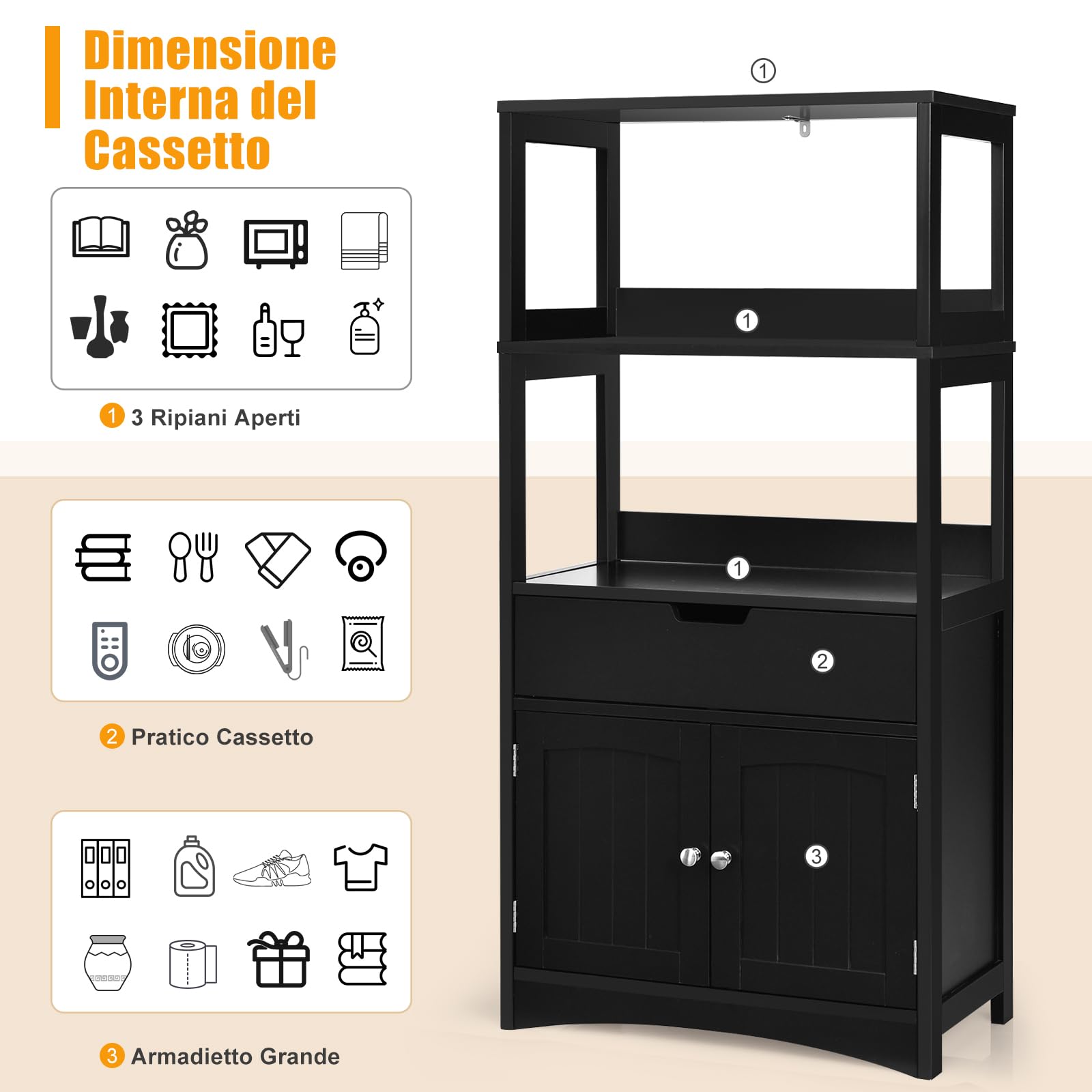 GYMAX Mobiletto da Cucina, con Cassetto e Ripiani Aperti, Mobile Armadietto Salvaspazio, per Bagno, Ingresso, Soggiorno,60 x 32 x 122 cm (Nero)