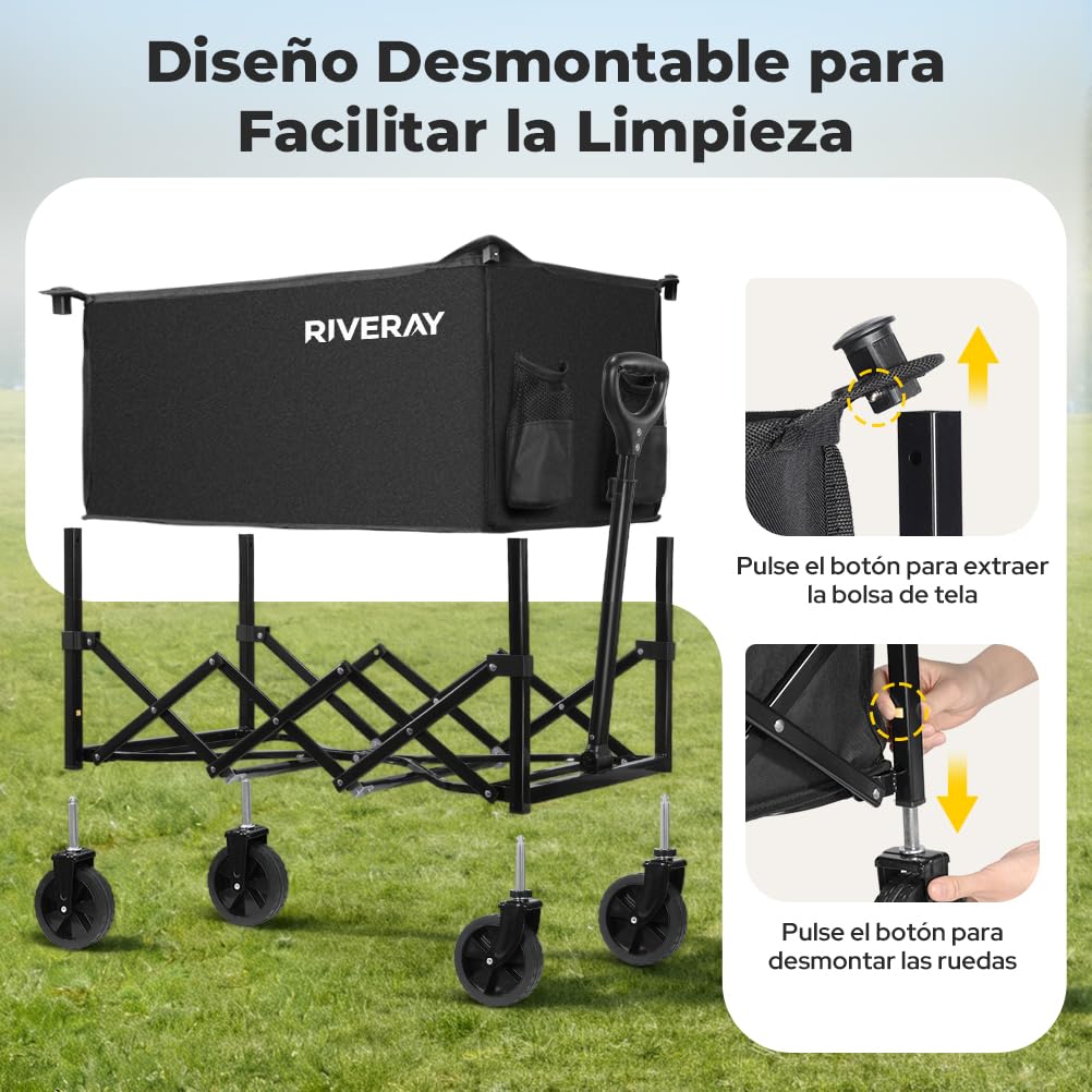 Carro Plegable con Ruedas, Capacidad 120L/120KG, Mango Ajustable y Ruedas Desmontables, Carrito Transporte Todoterreno para Camping, Compra o Jardín