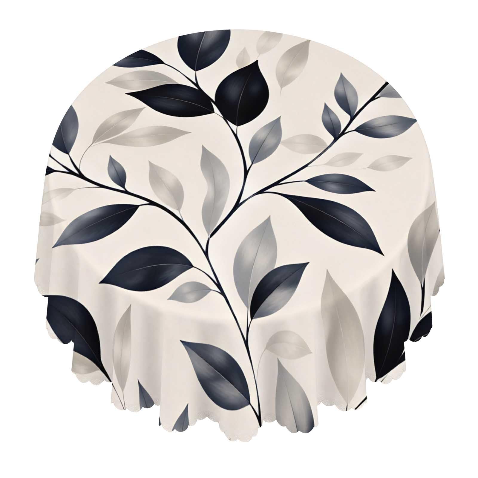 Leaf Branch Gray Round Tablecloth Waterproof Washable For Dining Party