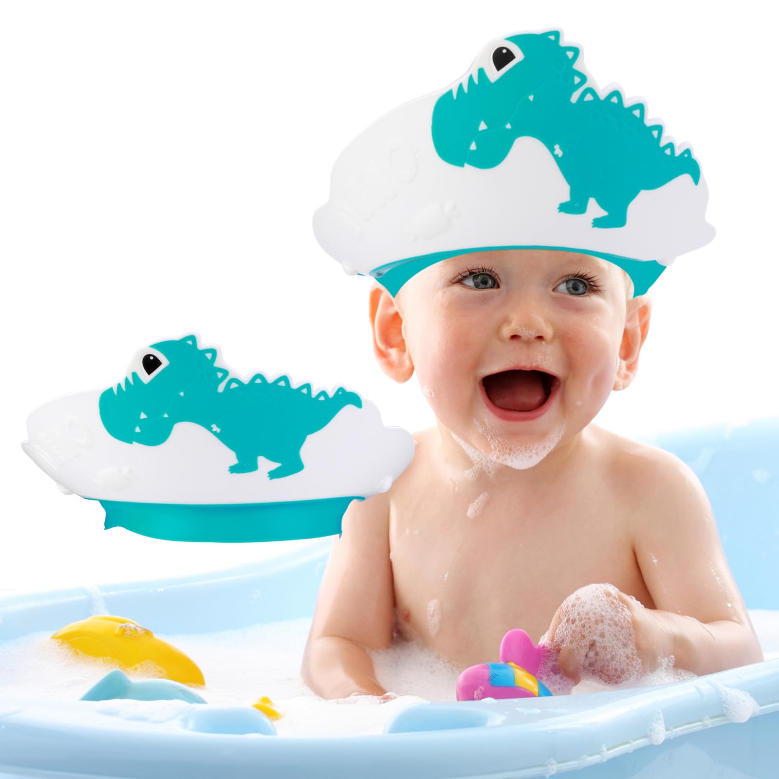 Baby Shower Cap, Shower Cap for Baby Kids Adjustable Dinosaur Children's Shampoo Cap for Baby Eyes and Ears Protector Bath More Fun