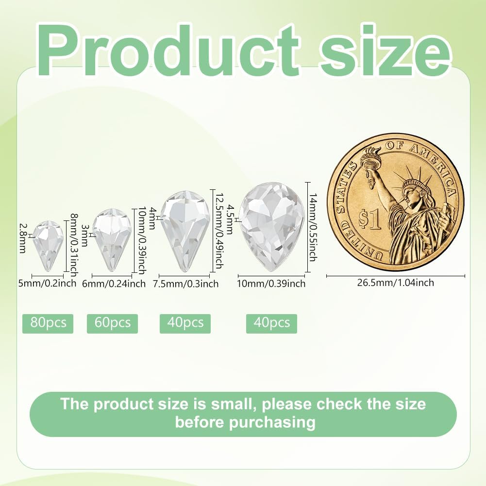 FINGERINSPIRE 220 Pcs Mini Teardrop Glass Rhinestones 4Sizes Faceted Pointed Back Rhinestone No Hole Clear Glass Rhinestones Small Gems Crystal Jewelry Embellishments with Silver Plated Back for DIY - Image 2