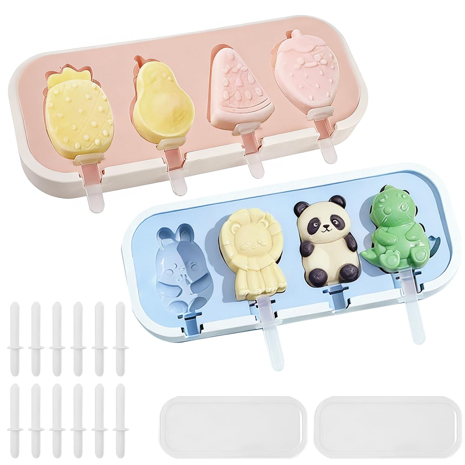 2 Pack Silicone Ice Lolly Moulds, 8 Cavities Popsicle Mould with Sticks, Fruit Animal Silicone Popsicles Molds, Reusable Ice Moulds with Lid, for Home Outdoor (Blue＆Pink)
