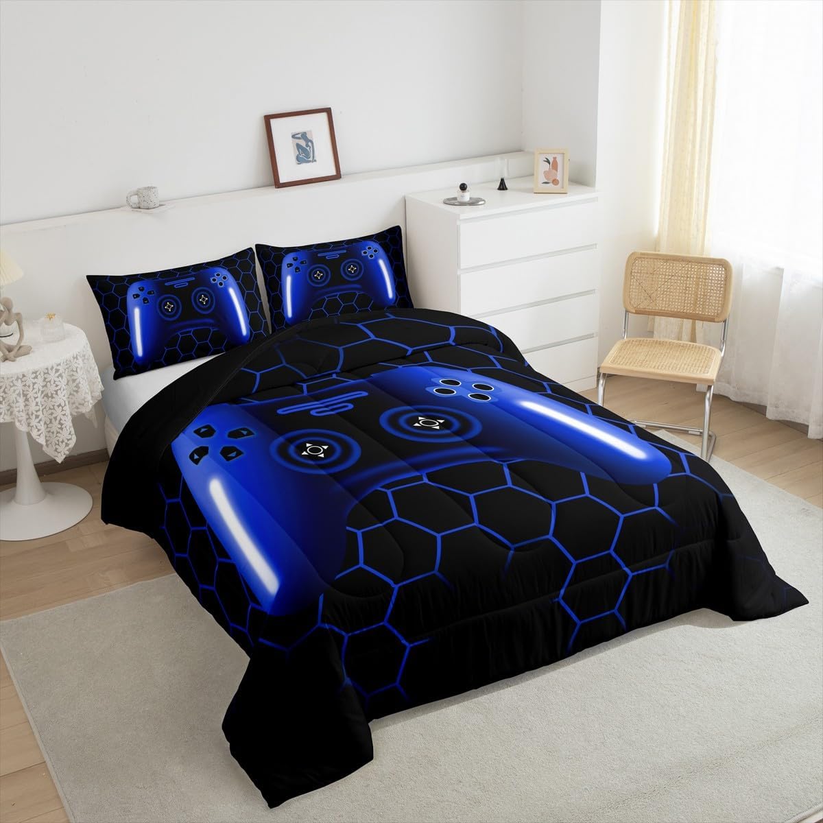Erosebridal Gaming Bedding Sets for Boys Navy Blue Gamer Comforter Sets for Boys Teen Kids,Cool Video Game Black Honeycomb Bedding Comforter Sets,Geometric Checkered Blue Ombre Bed Set Queen Size