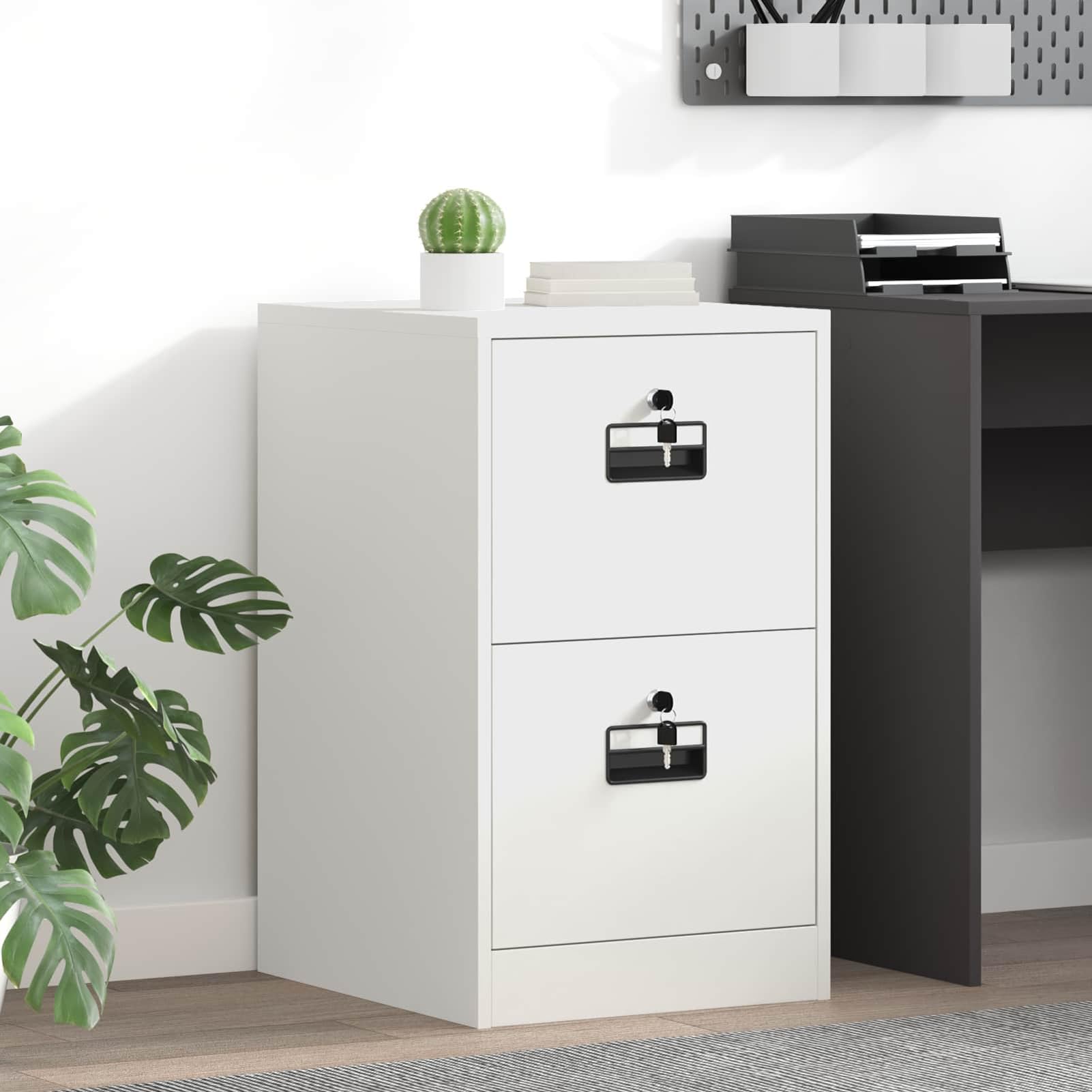 Aktenschrank Weiß aus robustem kaltgewalztem Stahl 44 x 50 x 74,5 cm mit 2 ausziehbaren Regalen und Nockenschlössern für Büroorganisation