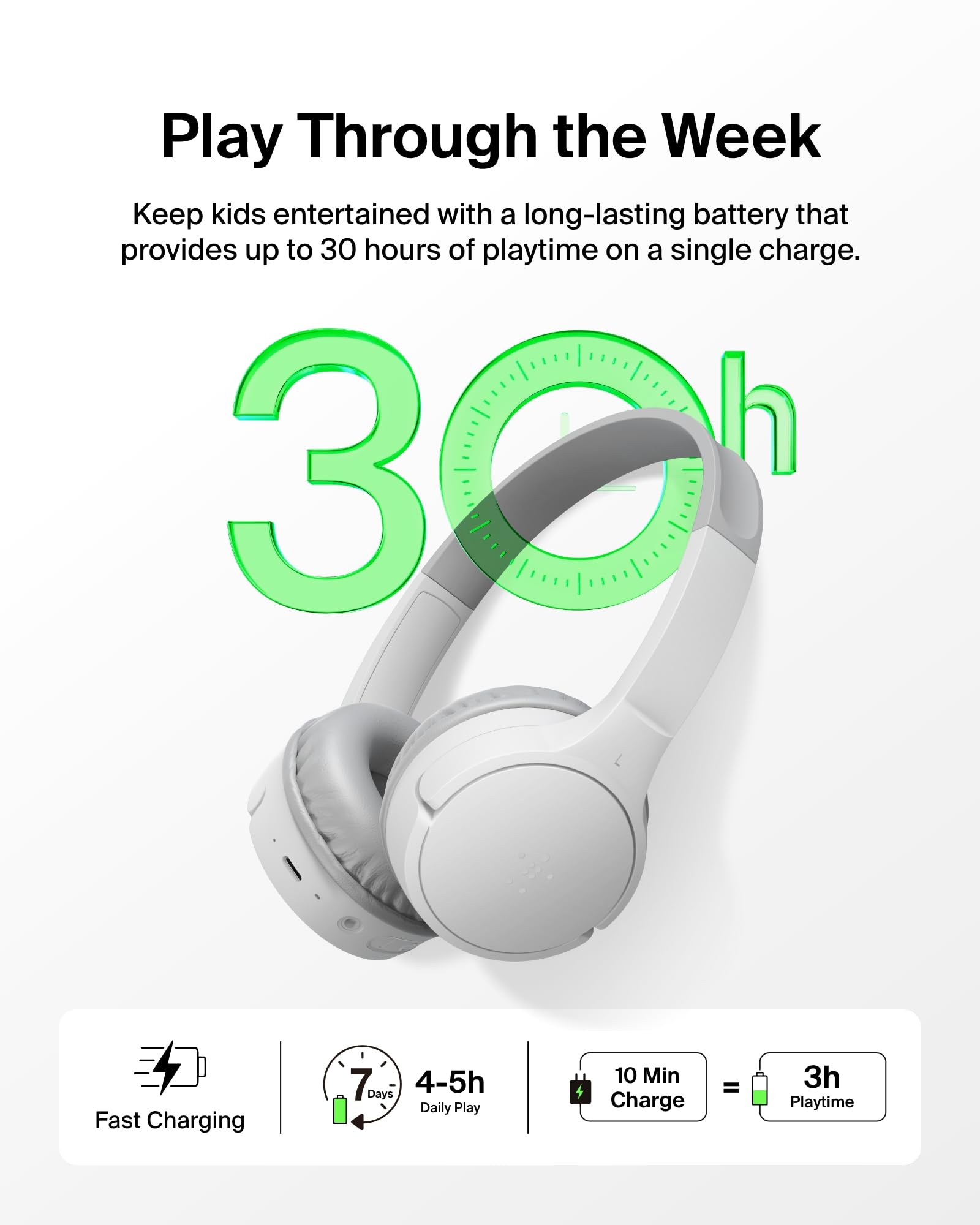 Belkin SoundForm Mini Kids Wireless Headphones w/Built-in Microphone, 30H of Playback Time, Fun Stickers, & Case - Over-Ear Headsets for Online Learning, School, iPhone, iPad, Galaxy, & More - White