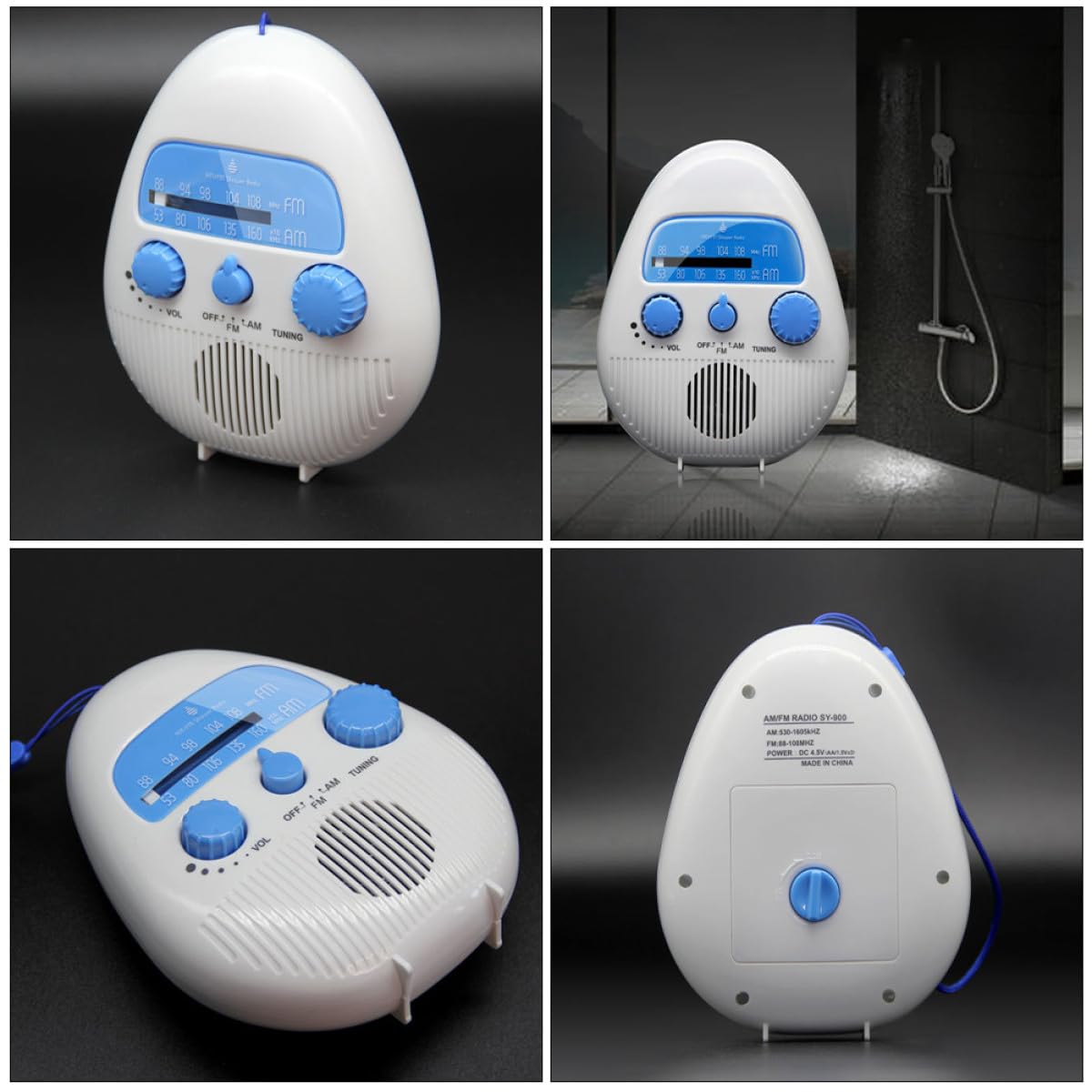 Tragbares Duschradio Kleiner Stereo Radio mit 4 facher Wasserdichtigkeit aus ABS mit Lautstärkeregler Weißer Kompakter Lautsprecher für Badezimmer und Dusche