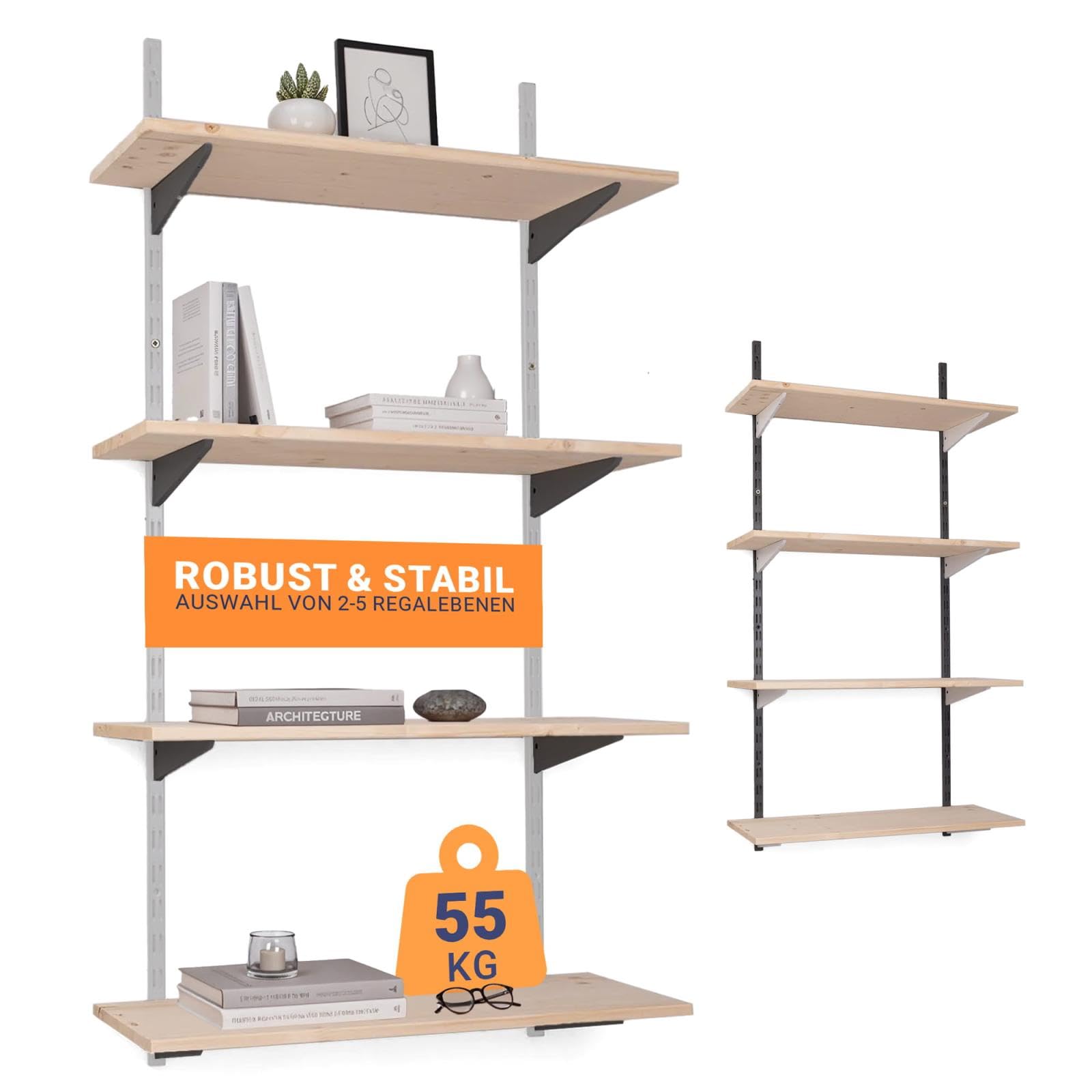Wandregal Metall mit Boden · Regal in 50 Varianten · Höhe: 100 cm · 4 Ebenen in 80 x 25 cm (B x T) · Farbe: weiß/schwarz · Wandschienen Regalsystem · Regalträger Schienensystem