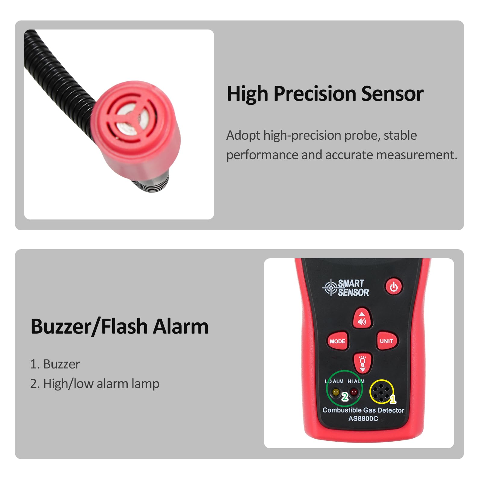 Ręczny wykrywacz nieszczelności gazów palnych i tester gazu ziemnego SMART SENSOR z elastyczną sondą 278 mm, podświetlanym kolorowym wyświetlaczem LCD, pomiarem temperatury i