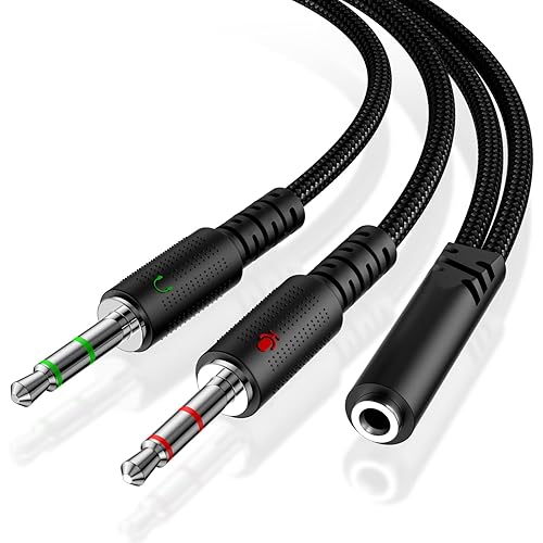 KOOPAO Headphone Splitter Mic and Audio for Computer, 1 TRRS Female to 2 Stereo Male Y Splitter Cable for Single Jack Earphone to Connect with PC Laptop, Braided Black