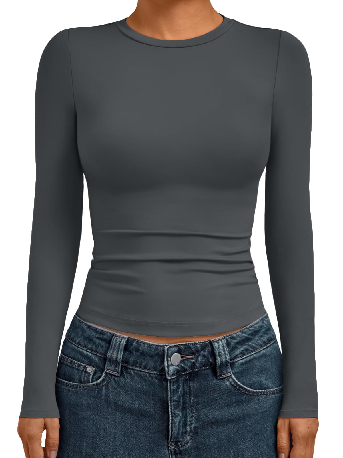 AUTOMET Womens Long Sleeve Shirts Basic Compression Tops Slim Fit Crew Neck Layering Underscrubs Y2K Going Out Clothes