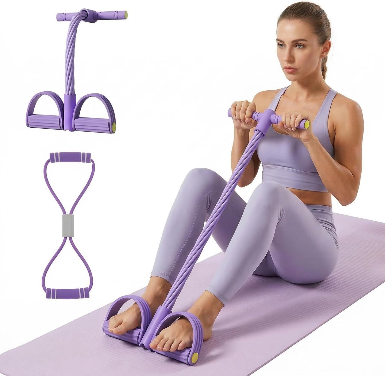 Multifunction Tension Rope - 8-Tube Pedal Resistance Band with Handle, Elastic Pull Yoga Tension Rope Exercise, Figure-8 Loop Band for Abdomen Waist Arm Leg Stretching Slimming Training (purple)