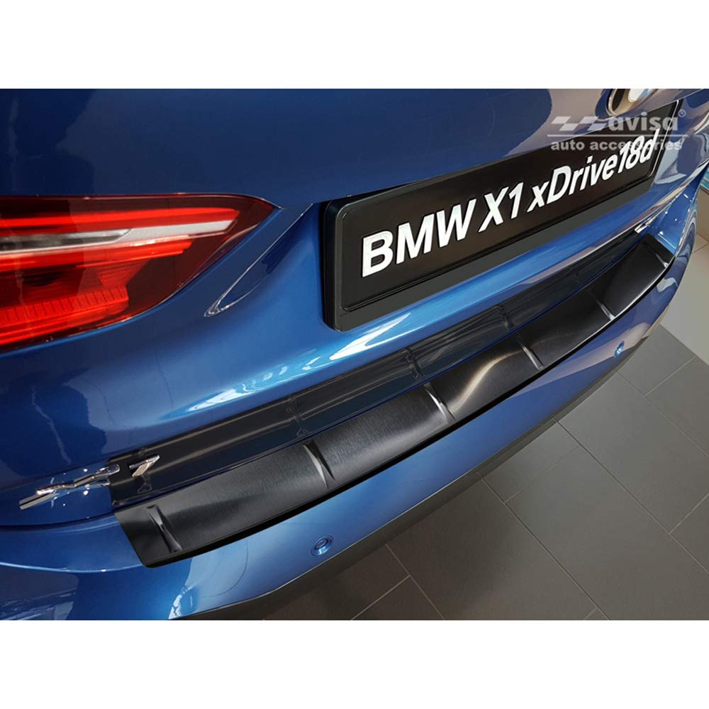 Avisa Black Stainless Steel Rear bumper protector compatible with BMW X1 II F48 M-Package 2015-2022 'Ribs'