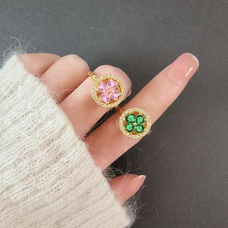 Rotating Flower Gold-Tone Statement Ring for Women Four Leaf Clover Fidget Spinner Anxiety Rings Crystal Open Adjustable Heart Floral Wedding Band Stress Relief St Patricks Day Good Luck Jewelry2