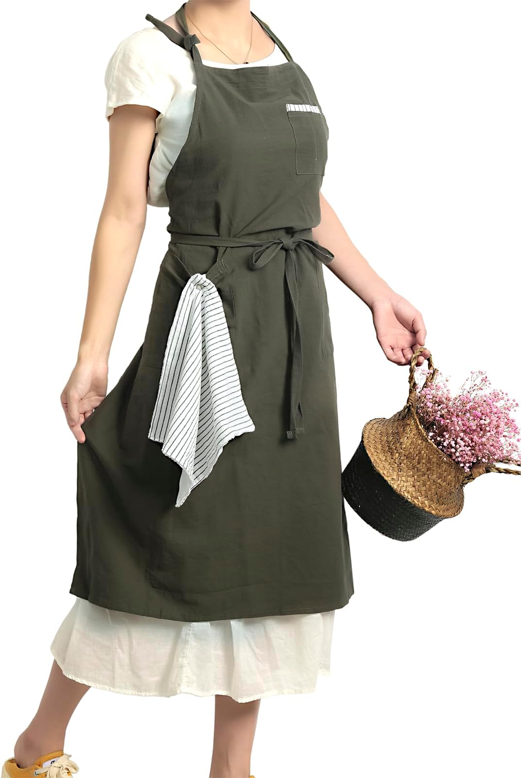 Soft Cotton Linen Apron - Retro Linen Art Apron, Adjustable Casual Apron with Towel, Great for Florist and Kitchen