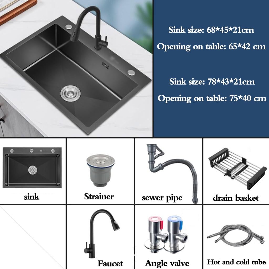 Fregadero De Sifón De Cocina De Tres Orificios Piscina De Agua De Acero Inoxidable Fácil De Limpiar. Lavavajillas Home Bar Fregadero del Estudio del Restaurante (Color : Negro, S : 78 * 43 * 21cm)