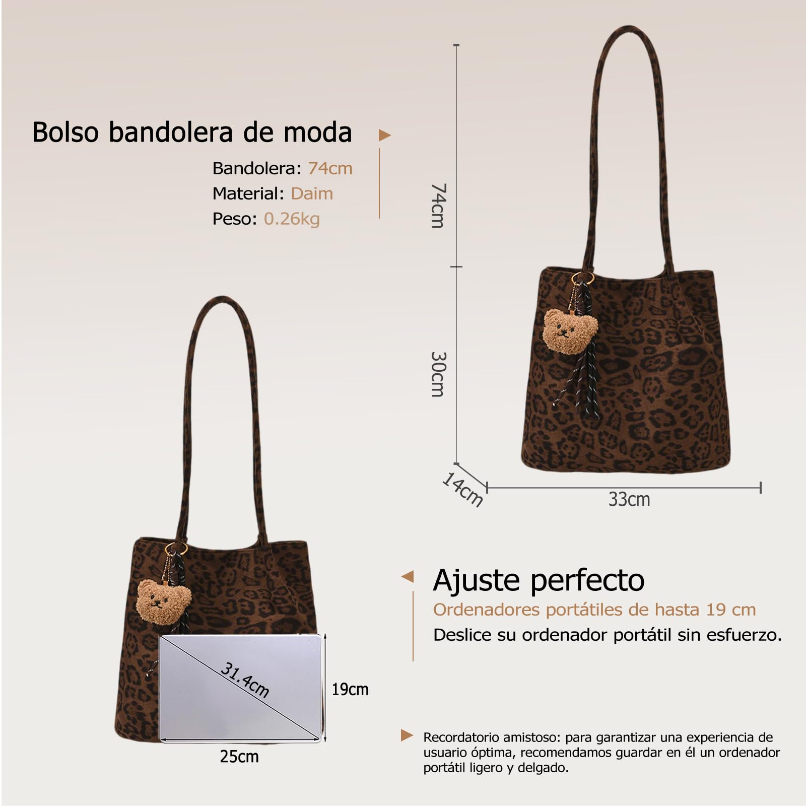 CORIOS Bolso de Hombro con Moda Estampado de Leopardo para Mujer Bolso de Mano con Adorable Colgante de Oso Gran Bolsa Shopper Tote de Ante para Trabajo Viajes Compras Estampado de Leopardo Café