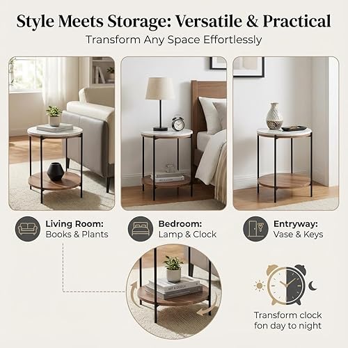 Miniatura 9 de Lyra - Mesa auxiliar redonda de mármol – Estante de madera de acacia maciza, mesa auxiliar de almacenamiento abierta para sala de estar, dormitorio,