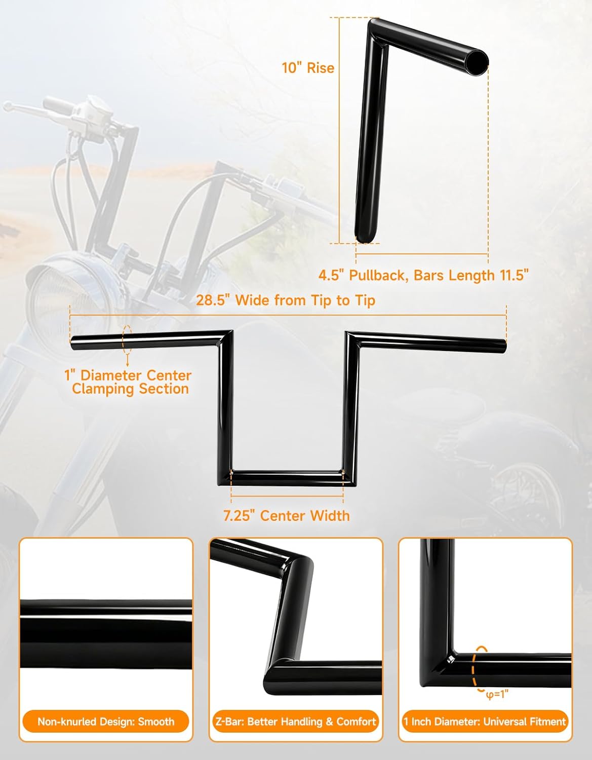 CUSTOM CHROME CCI 10" Rise 1" Fat Z-Bar Handlebar Fit For Harley-Davidson Honda Yamaha Suzuki Kawasaki Triumph Most Chopper Cruisers Bobber Bike Cafe Racer
