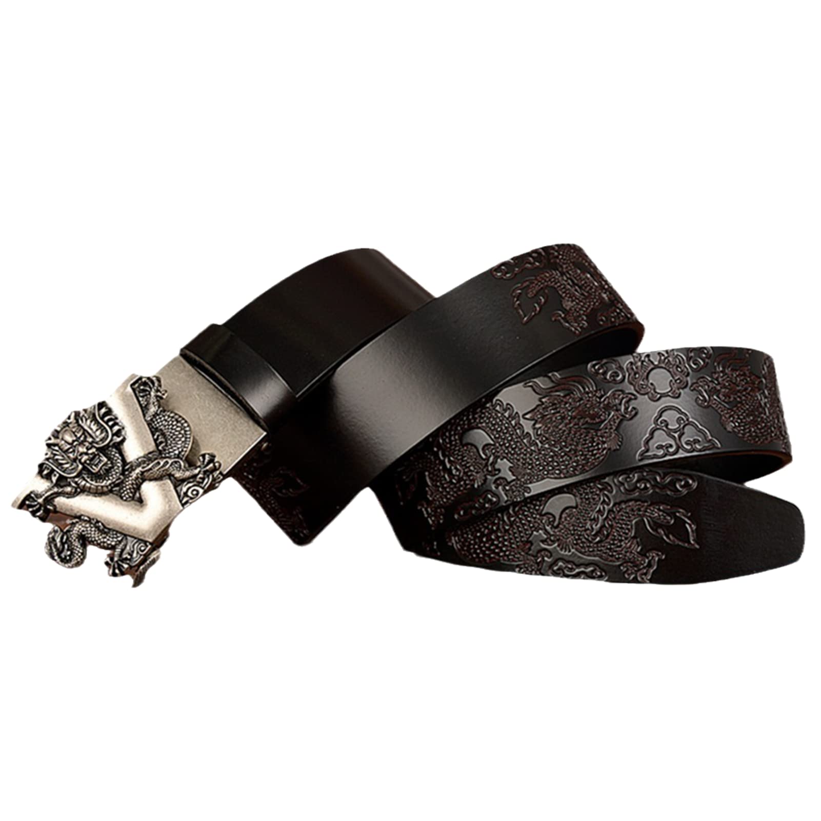Vestido para hombre Jeans Cinturón Trinquete Automático Dragón deslizante Hebilla plateada Cuero en relieve Correas de cintura negras 1 3/8 "(35 mm)