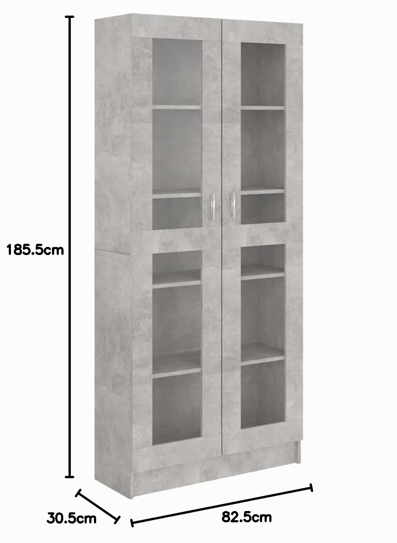 IKAYAA Armario Vitrina con 4 Compartimentos Vitrina de Cristal Vitrinas de salón Vitrinas de Exposición de Madera Contrachapada Aparador Comedor, Aparador Cocina Gris hormigón 82,5 x 30,5 x 185,5 cm