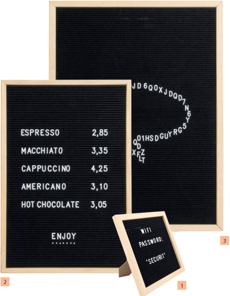 SECURIT - Pizarra con Letras - Formato 60 x 80 cm - Teca | Marco de Madera Maciza - Superficie de Fieltro - Incluye 360 Letras y Números