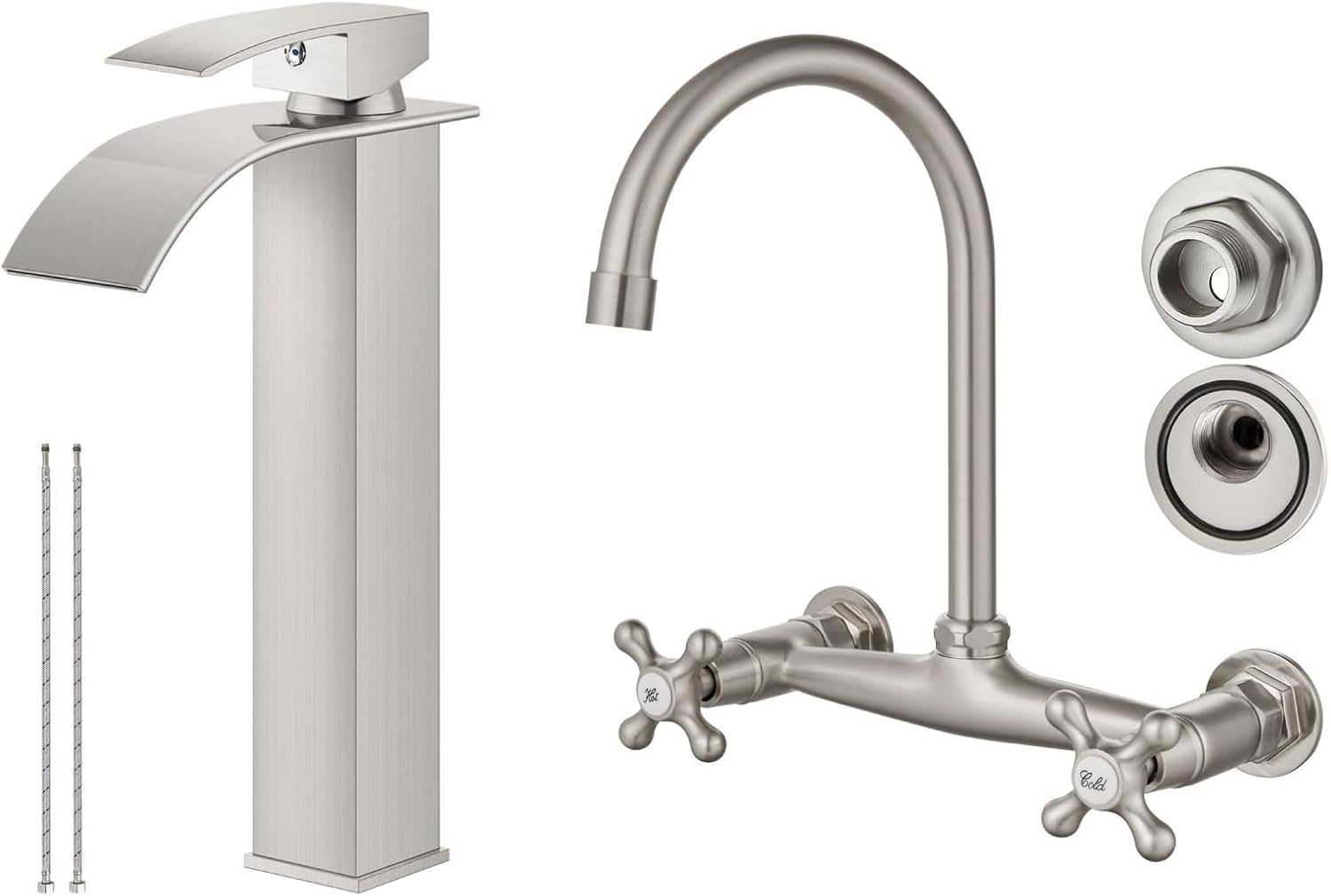 Airuida Vessel Sink Faucet Tall Waterfall Bathroom Single Handle Single Hole Brushed Nickel Wall Mounted Kitchen Sink Faucet Wall Mount Faucet 8 inch Center Double Cross Handles 360 De