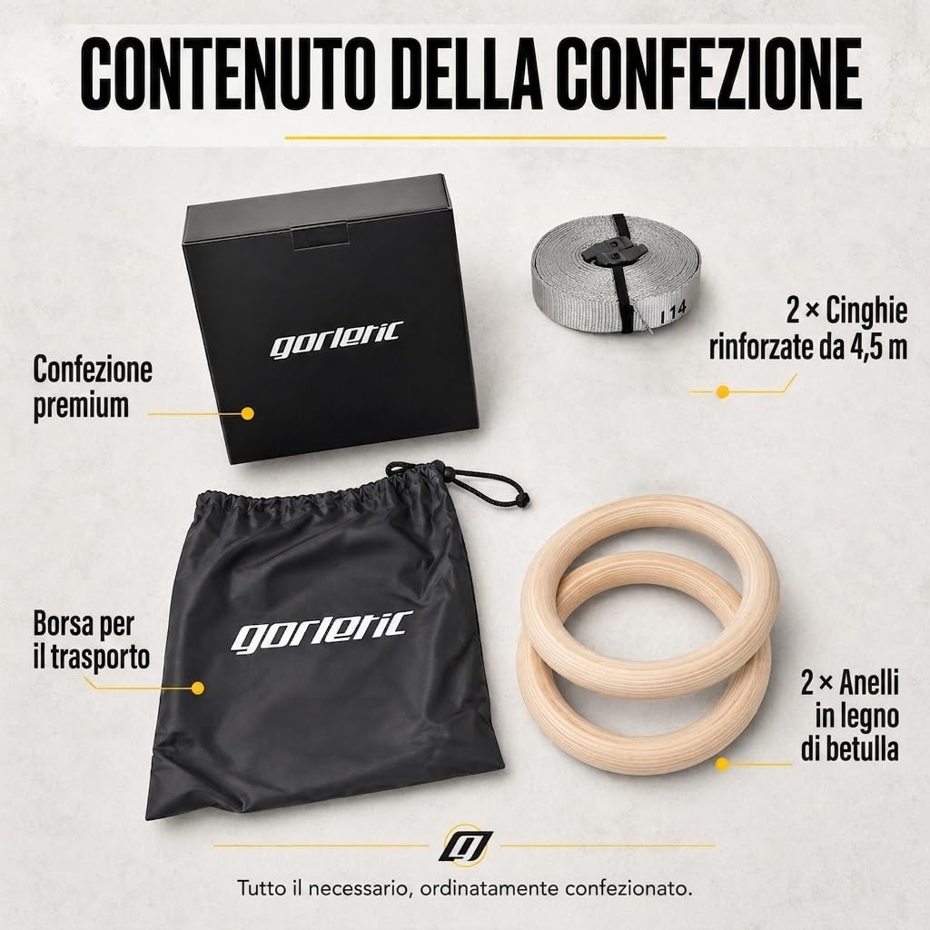 Gorletic - Anelli da ginnastica, anelli di legno da 28 e 32 mm di spessore, 4,5 m di cinghia rinforzata e marcata - qualità professionale