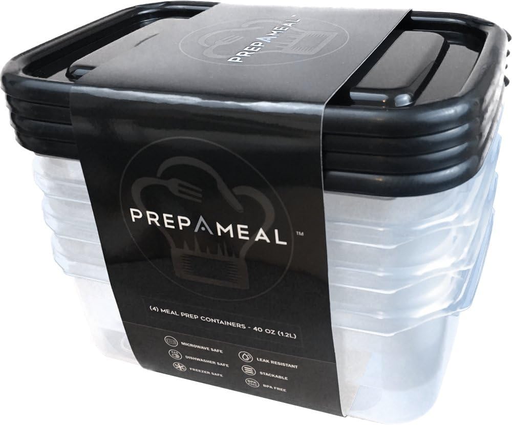 Meal Prep Containers by prepAmeal - Food Containers for Food Prep, Leak Proof Stackable Plastic Microwavable Dishwasher Safe [4 Pack]