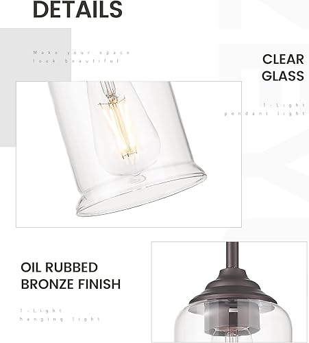 Miniatura 2 de zeyu ZSL104MIL-2 ORB - Paquete de 2 lámparas colgantes modernas para isla de cocina con pantalla de vidrio transparente, acabado de bronce aceitado