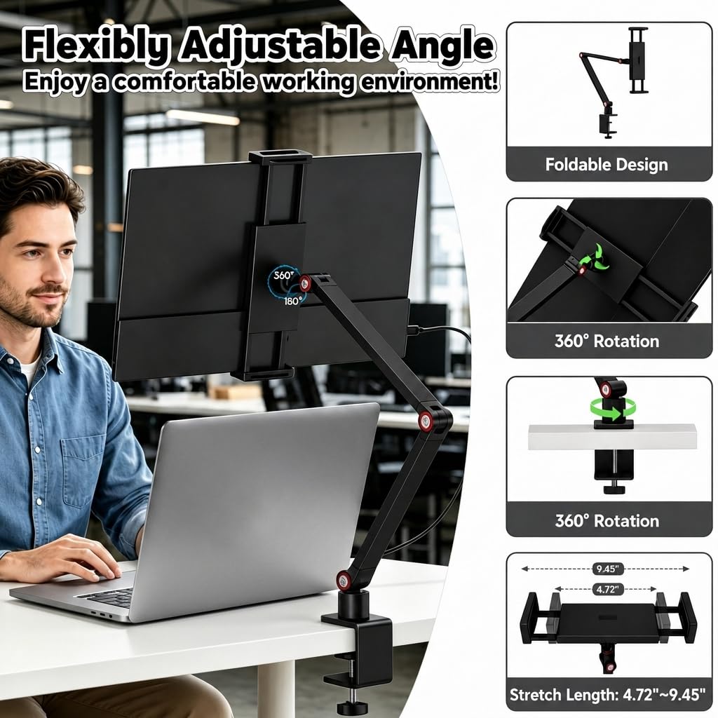 HONGO 15,6 Zoll Tragbarer Monitor, 1080P FHD IPS Bildschirm-Erweiterung mit Tischklemme & Lautsprechern, USB-C HDMI Plug & Play für Laptop, Handy, Spielkonsolen