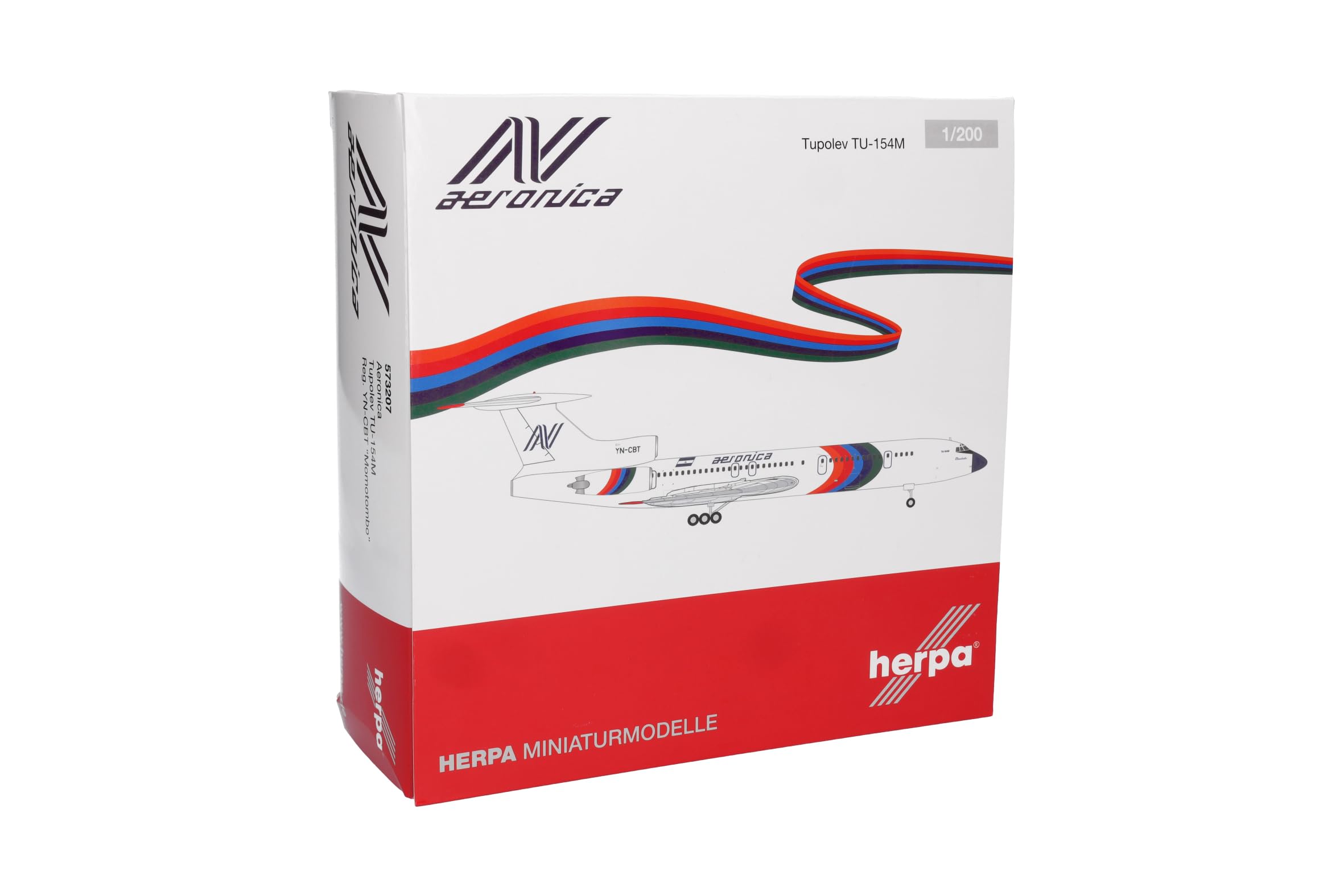 herpa Modellino aereo Aeronica Tupolev TU-154, miniatura in scala 1:200, pezzo da collezione, modello senza supporto, metallo