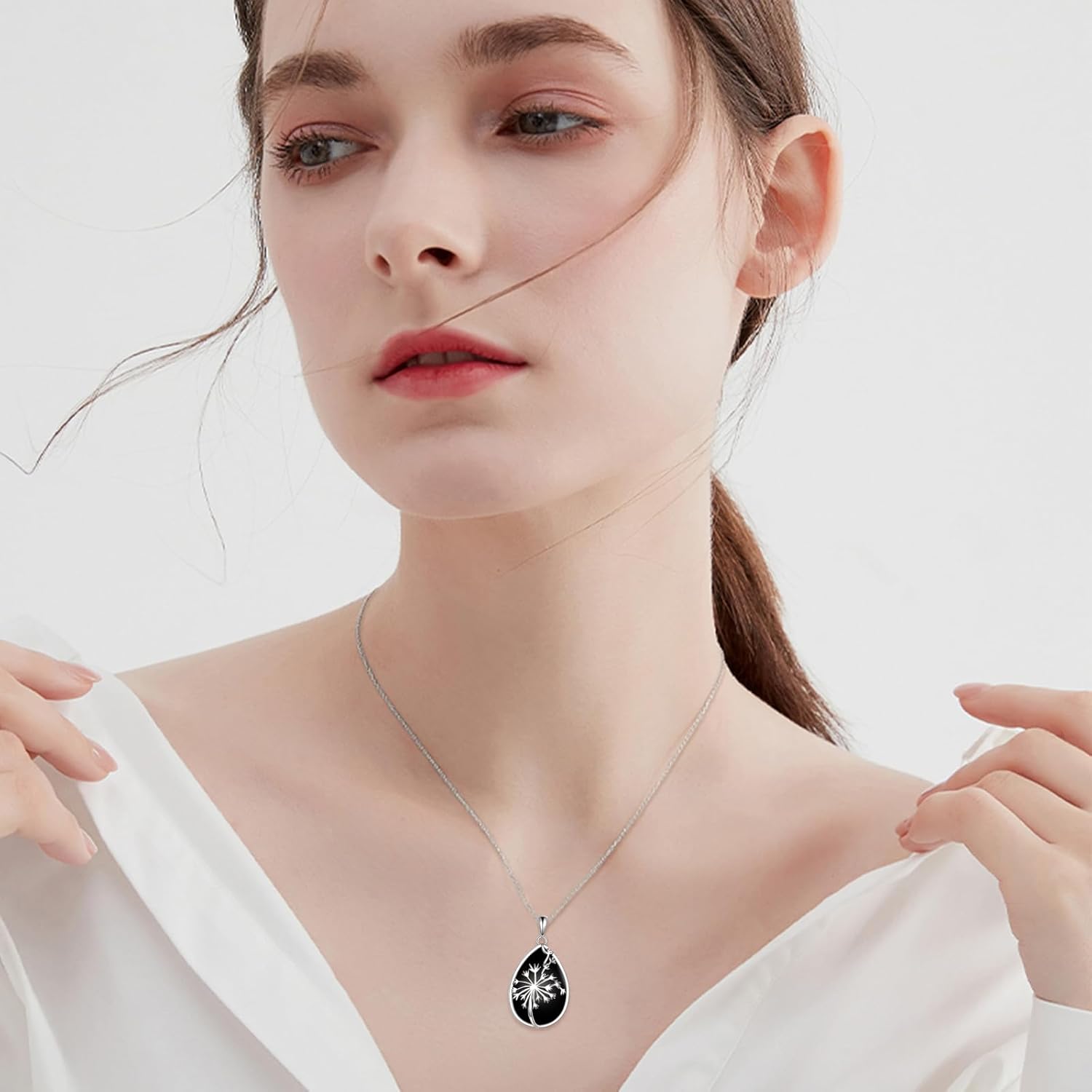 YFN Black Tourmaline Necklace Sterling Silver Dandelion Flower Pendant Necklace Black Tourmaline Jewelry for Women Make a Wish Gifts