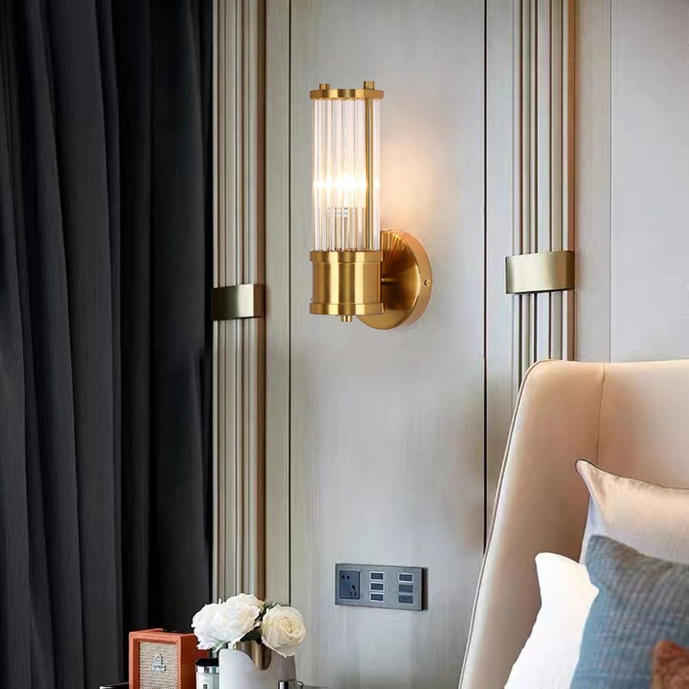 Applique da Parete con Vetro a Coste Dorate, Lampada da Bagno Moderna, Applique a Cablaggio Fisso, Illuminazione Interna con Attacco E27, luci per Soggiorno, Camera da Letto, lampa