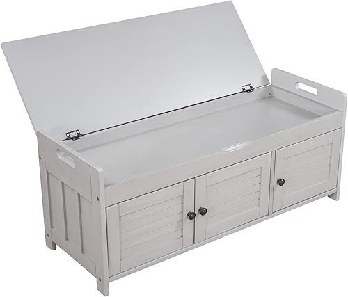 Miniatura 7 de Lostcat Banco de almacenamiento, banco de entrada con 3 puertas en forma de persiana, cojín extraíble y espacio de almacenamiento oculto, fácil